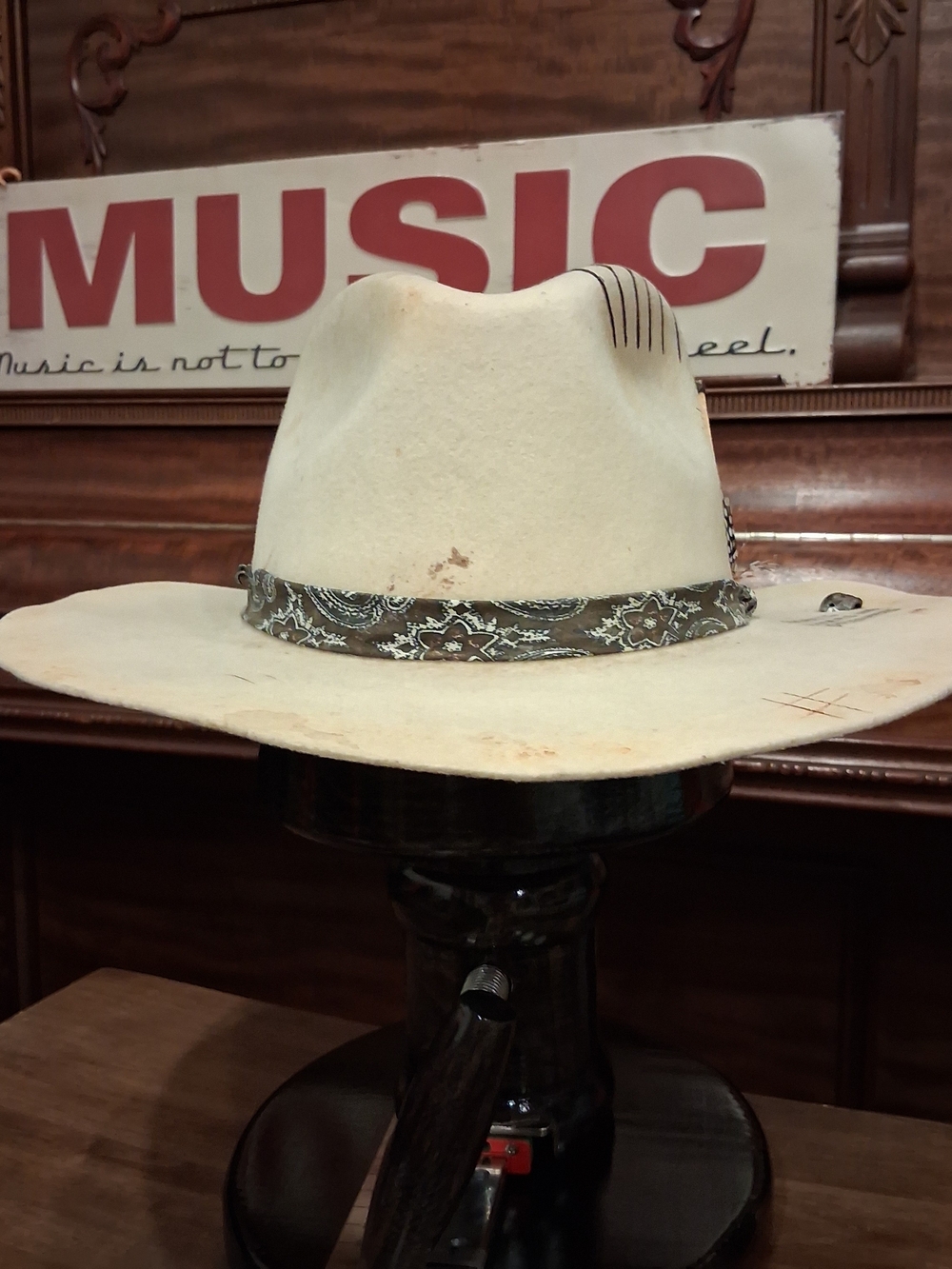 Custom Western Fedora Hat in Cream with Decorative Band - Distressed